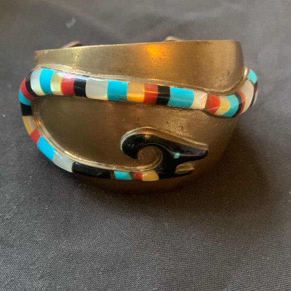 Vintage Zuni inlay ram 🐏 copper cuff, turquoise coral mother of pearl & onyx - Picture 3 of 10